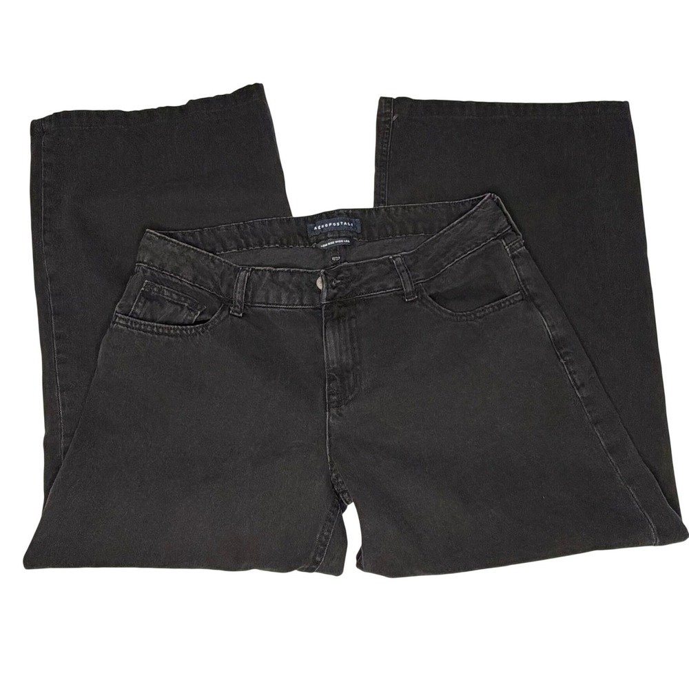 Aeropostale Wide Leg Jeans Womens 10 Black Low Rise Faded Denim Y2K Grunge